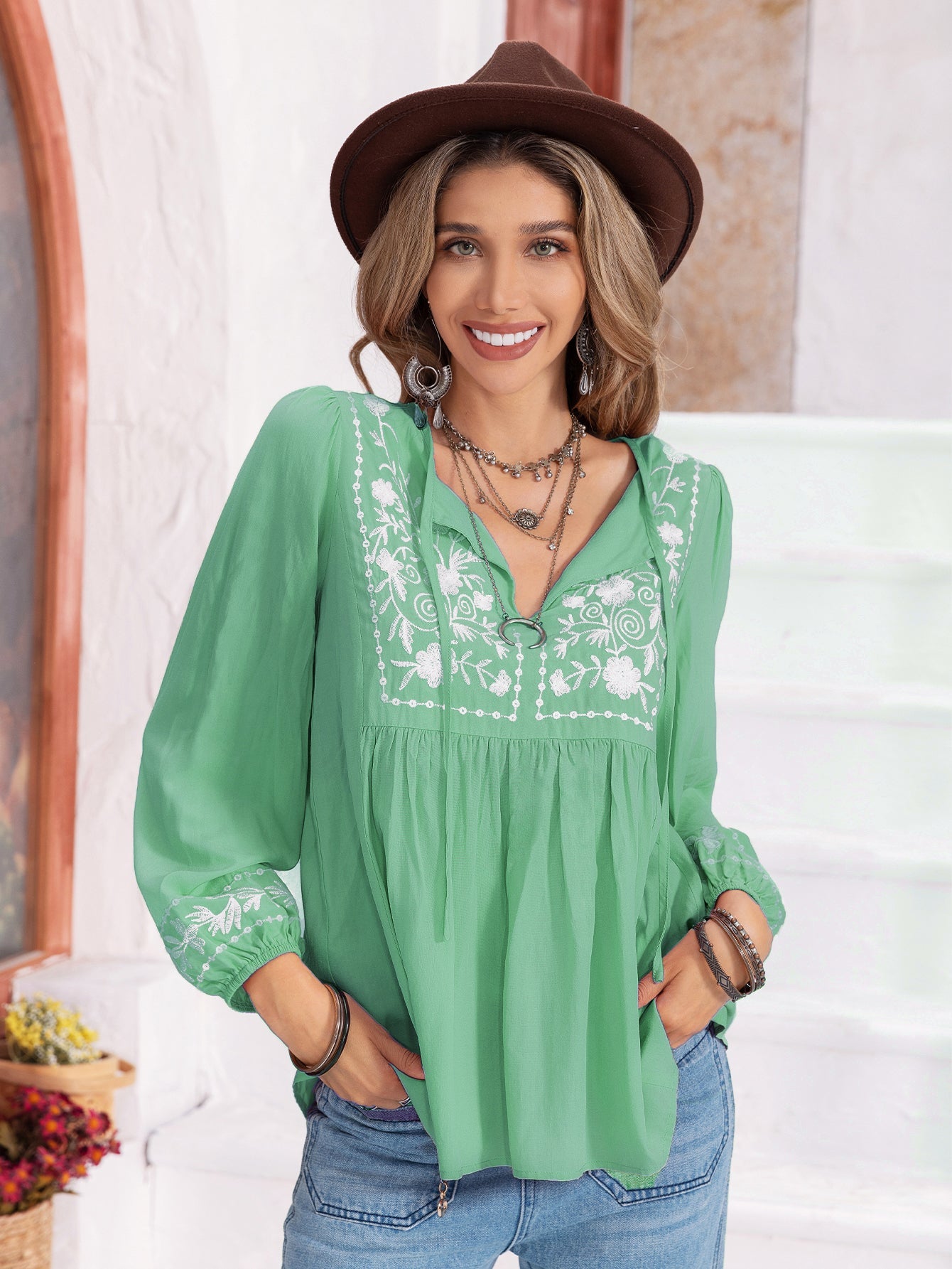 Sweet Embroidered Lantern Nine Quarter Sleeve Women Top