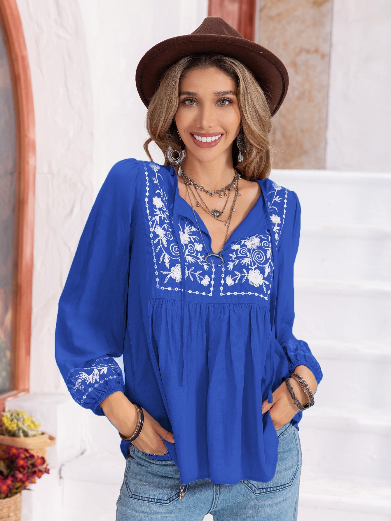 Sweet Embroidered Lantern Nine Quarter Sleeve Women Top