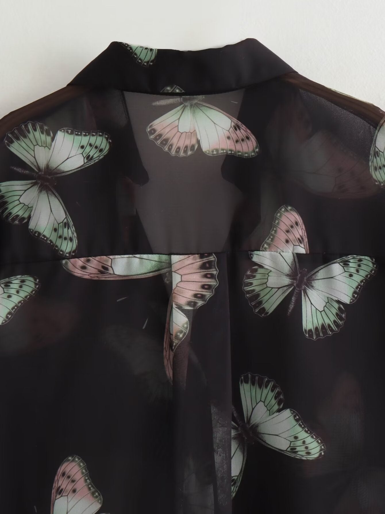 Women Clothing French All Match Butterfly Printed Chiffon Loose Casual Shirt