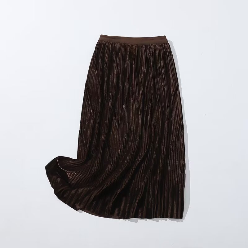 Winter Mid Length Elastic Waist Skirt Women Woolen Pleated Skirt