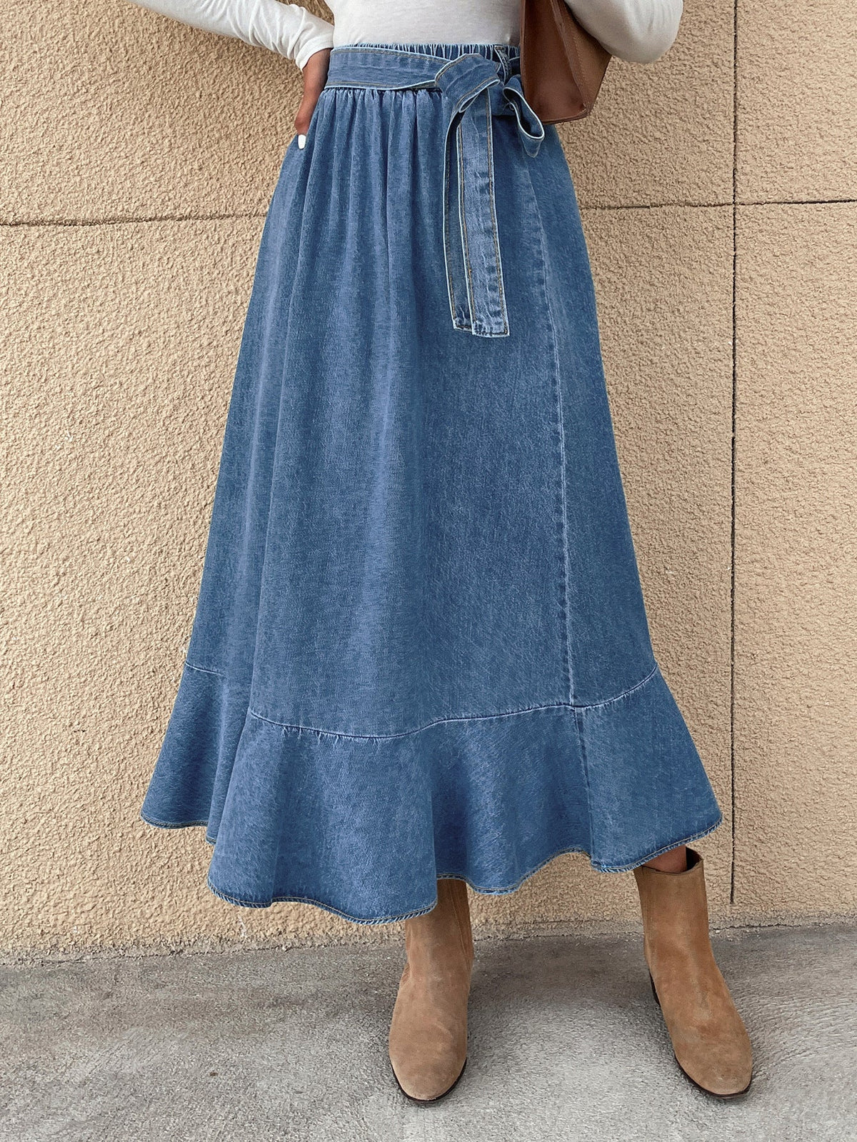 Casual Denim Skirt Women High Waist Mid Length Hip Lotus Leaf Pleated Skirt
