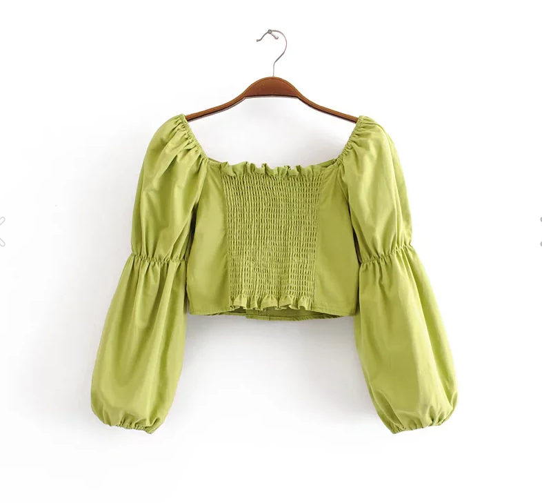 Spring Women Cotton Back Elastic off Shoulder Long Sleeve Shirt