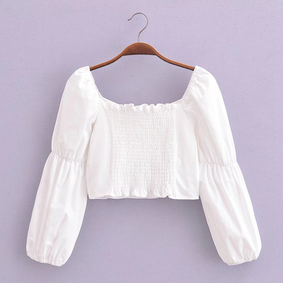 Spring Women Cotton Back Elastic off Shoulder Long Sleeve Shirt