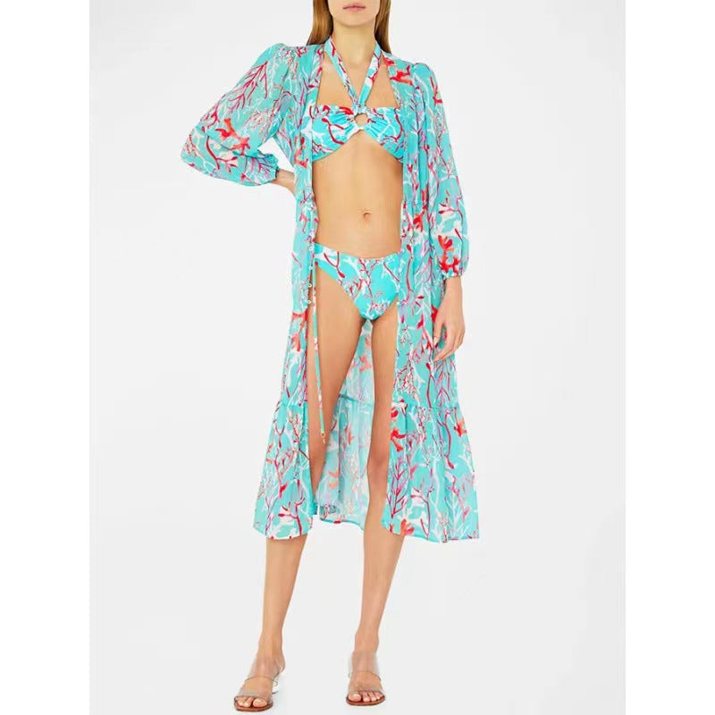 Bikini Halter Sexy Print Gauze Skirt Split Swimsuit Three Piece Set