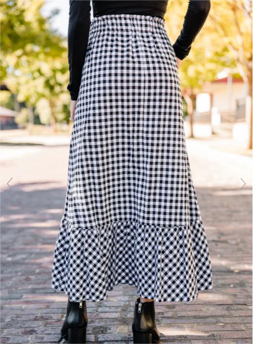 High Waist Lace Up Pocket Black White Plaid Stitching Loose Casual Half Length Large Swing Skirt