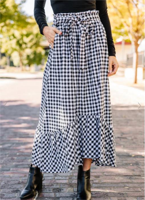 High Waist Lace Up Pocket Black White Plaid Stitching Loose Casual Half Length Large Swing Skirt