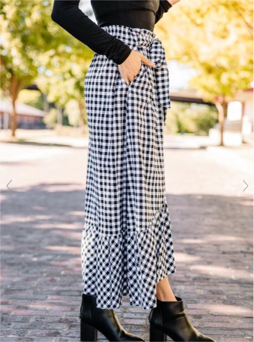 High Waist Lace Up Pocket Black White Plaid Stitching Loose Casual Half Length Large Swing Skirt