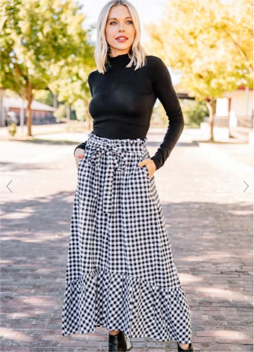 High Waist Lace Up Pocket Black White Plaid Stitching Loose Casual Half Length Large Swing Skirt
