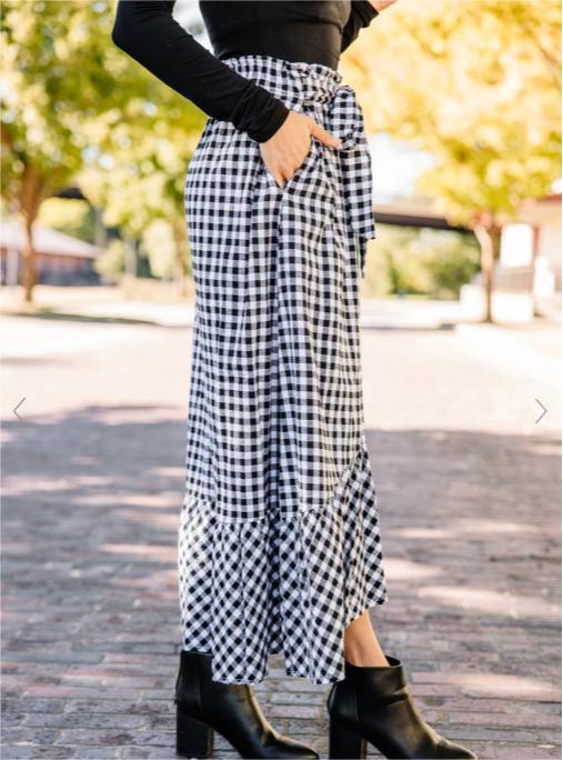 High Waist Lace Up Pocket Black White Plaid Stitching Loose Casual Half Length Large Swing Skirt