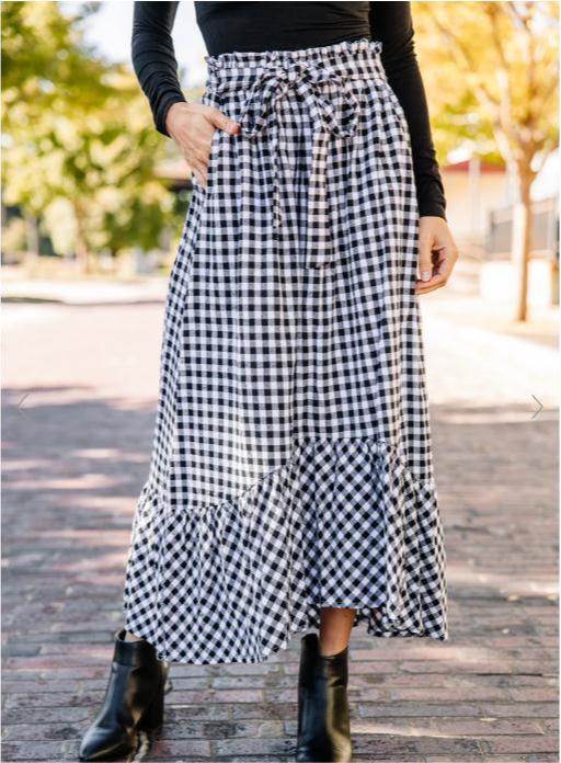 High Waist Lace Up Pocket Black White Plaid Stitching Loose Casual Half Length Large Swing Skirt