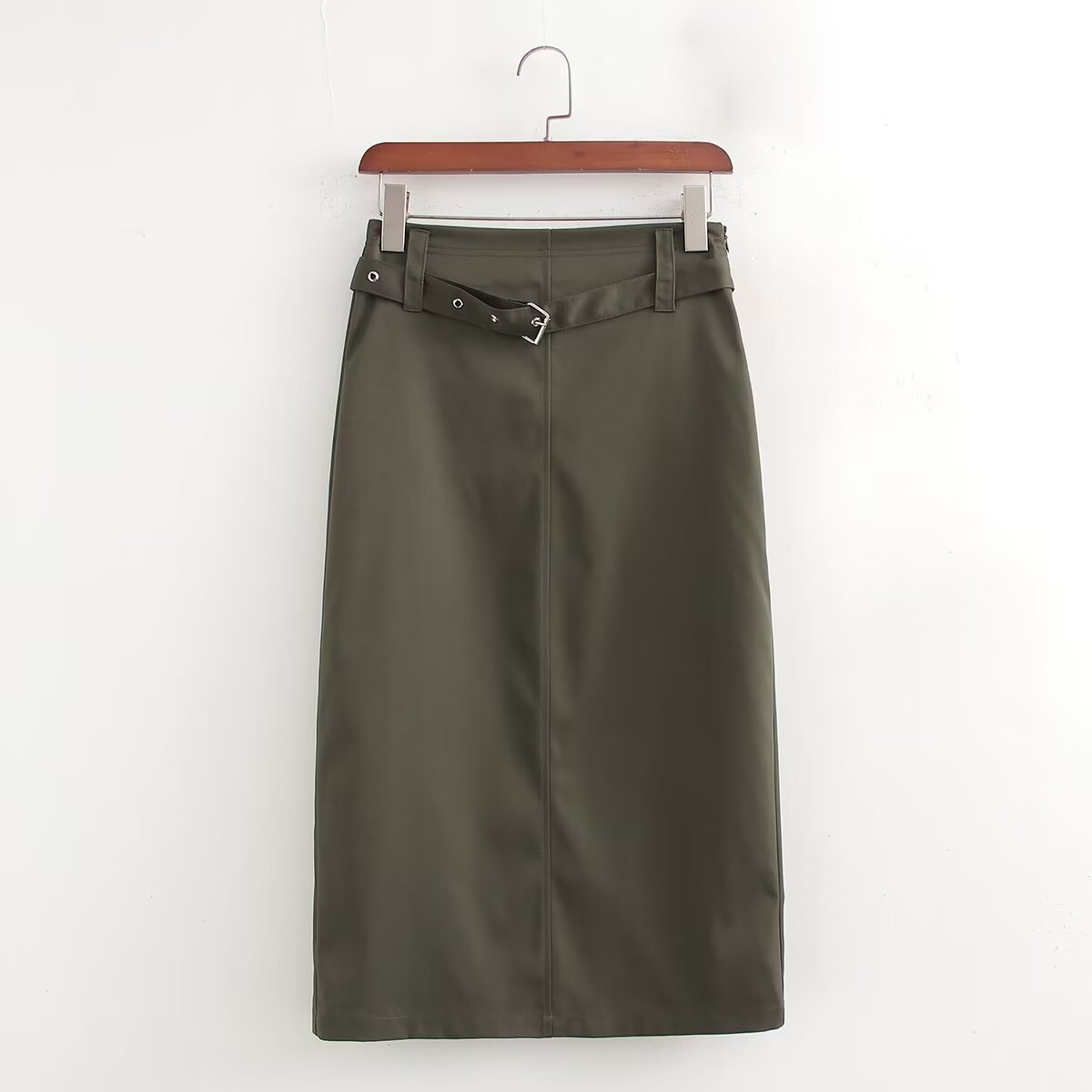 Autumn Winter with Belt Solid Color High Waist Straight Mid Length Skirt Slimming