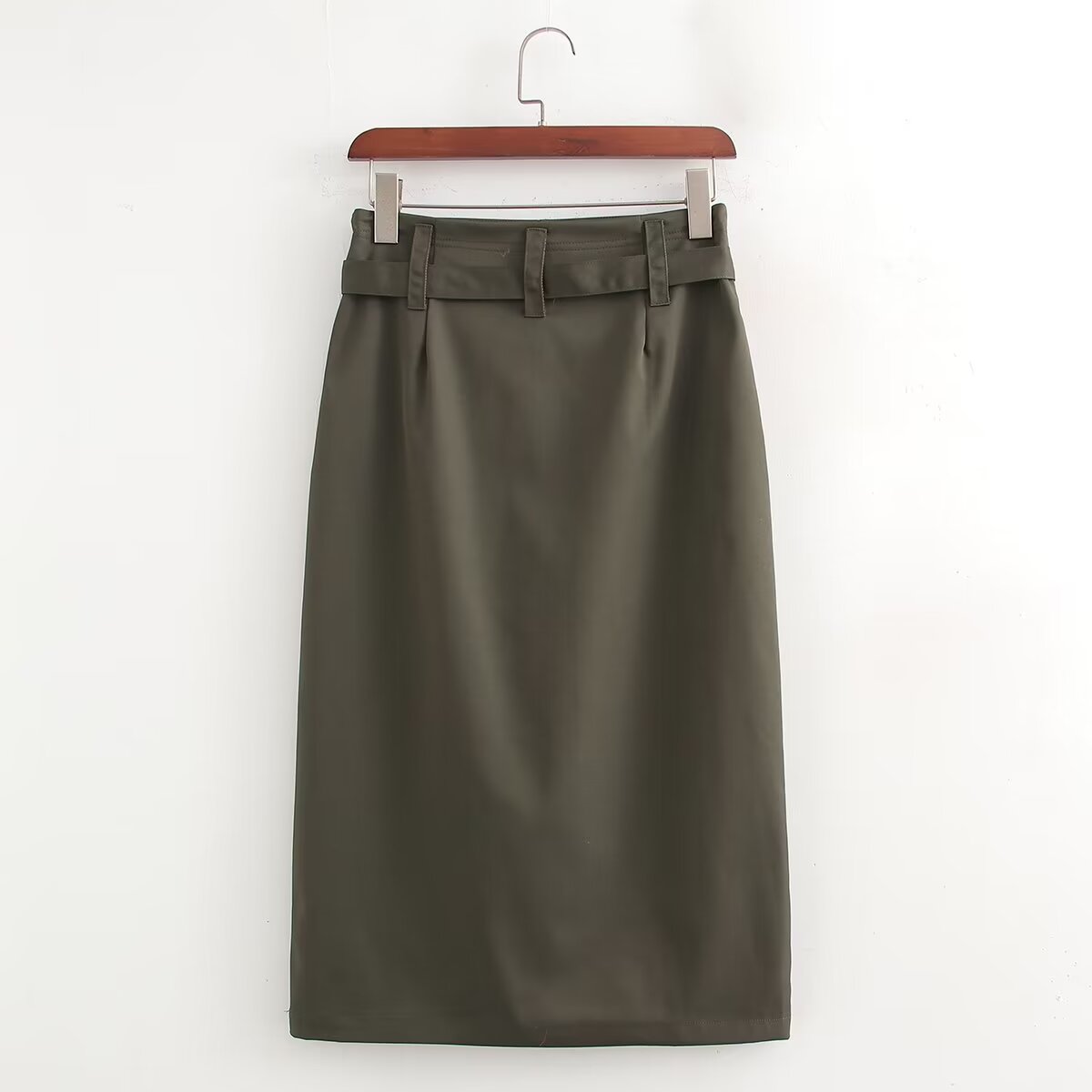 Autumn Winter with Belt Solid Color High Waist Straight Mid Length Skirt Slimming