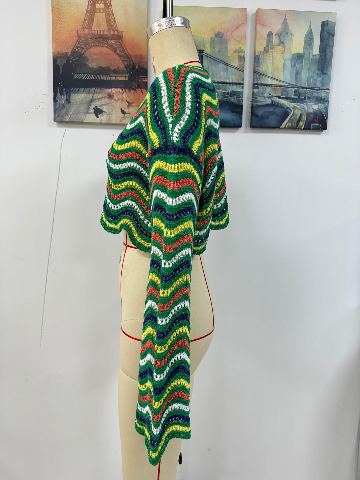 Spring Summer Stitching Loose Mixed Color Round Neck Stripes Women Knitwear