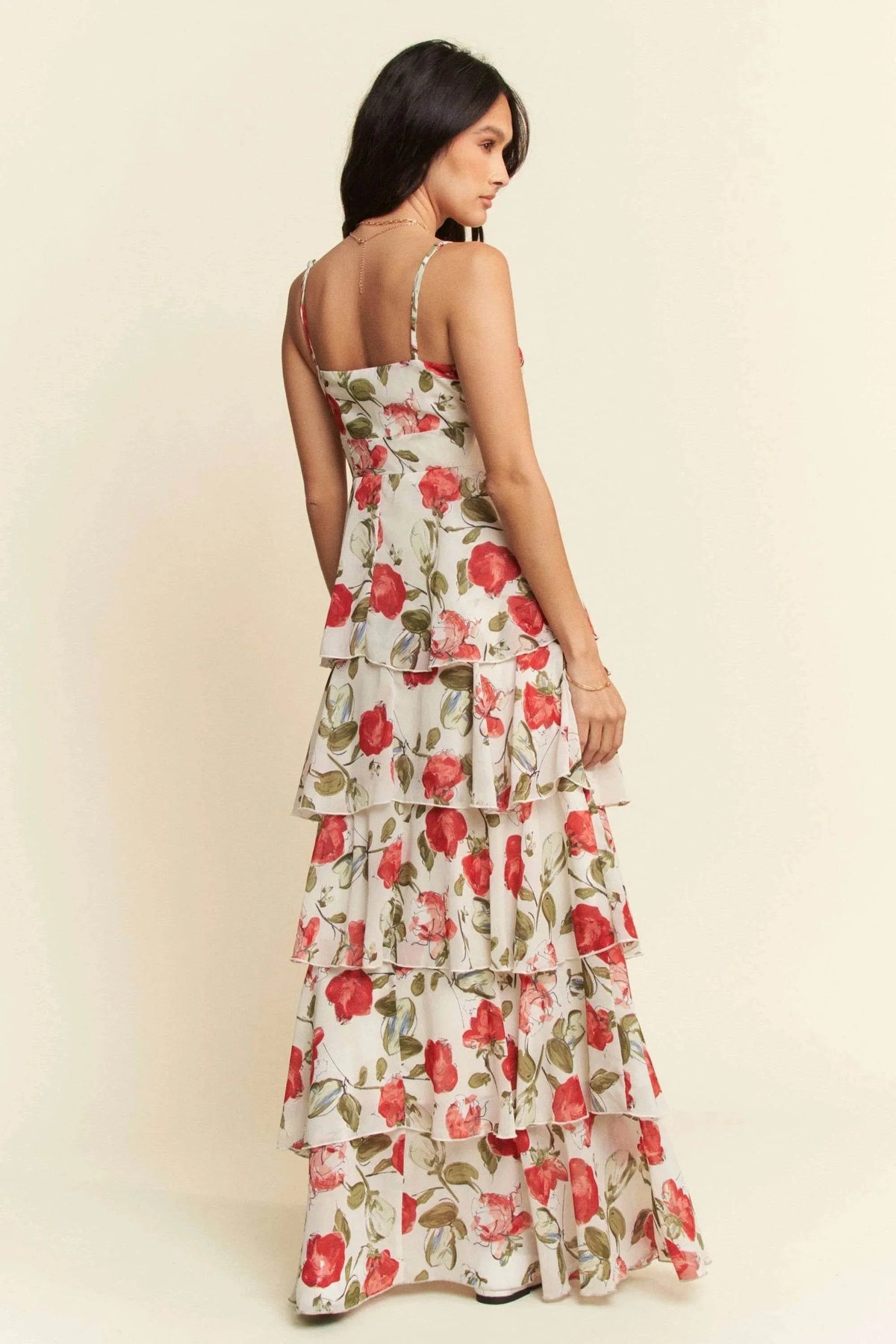 Davi & Dani Contrast Ring Lace Layered Ruffle Maxi Cami Dress