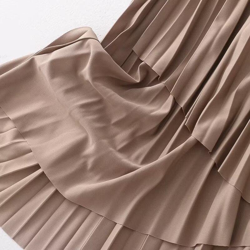 Pleated Skirt Korean Women Clothing Autumn High Waist Elastic Waist Mid Length Skirt