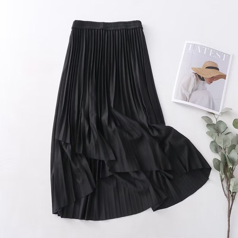 Pleated Skirt Korean Women Clothing Autumn High Waist Elastic Waist Mid Length Skirt