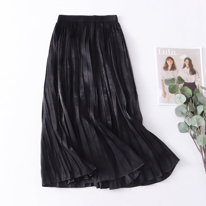 Autumn Willow Pleated Skirt Women Korean High Waist Satin Elegant Big Hem A line Skirt