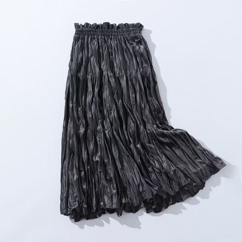 Autumn Winter Vintage Velvet Pleated Skirt Women Elastic High Waist Big Swing A line Skirt Mid Length
