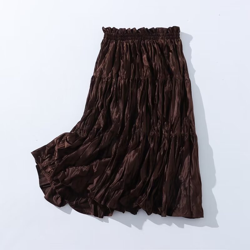 Autumn Winter Vintage Velvet Pleated Skirt Women Elastic High Waist Big Swing A line Skirt Mid Length