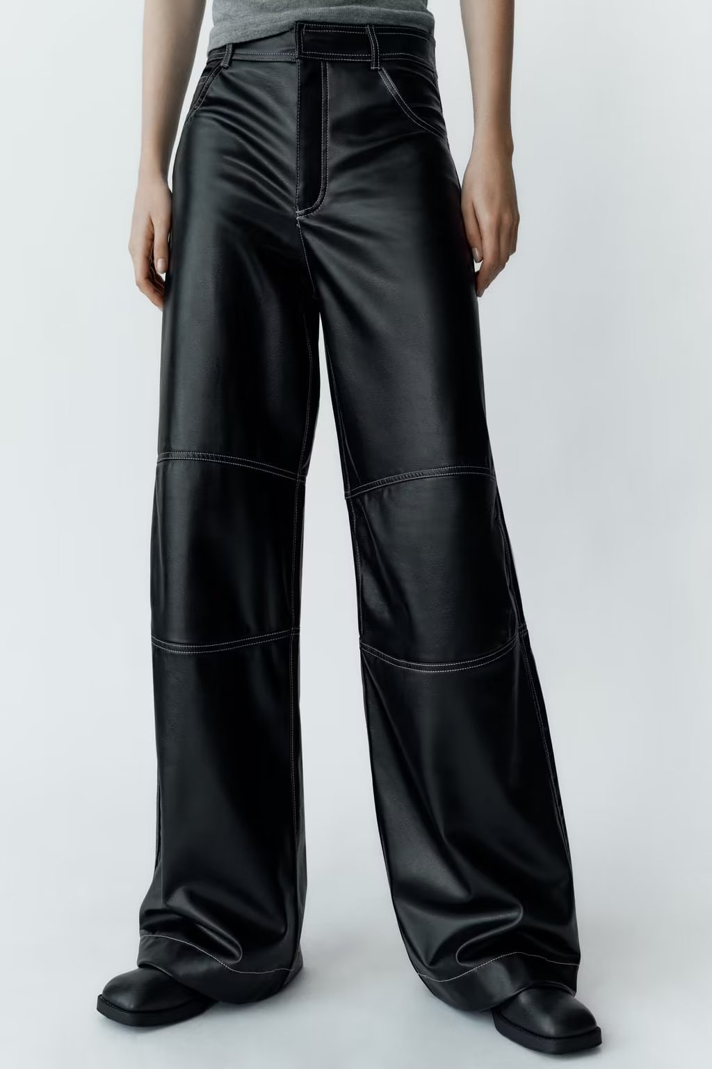 Fall Women Clothing High Waist Decorative Faux Leather Pants Trousers