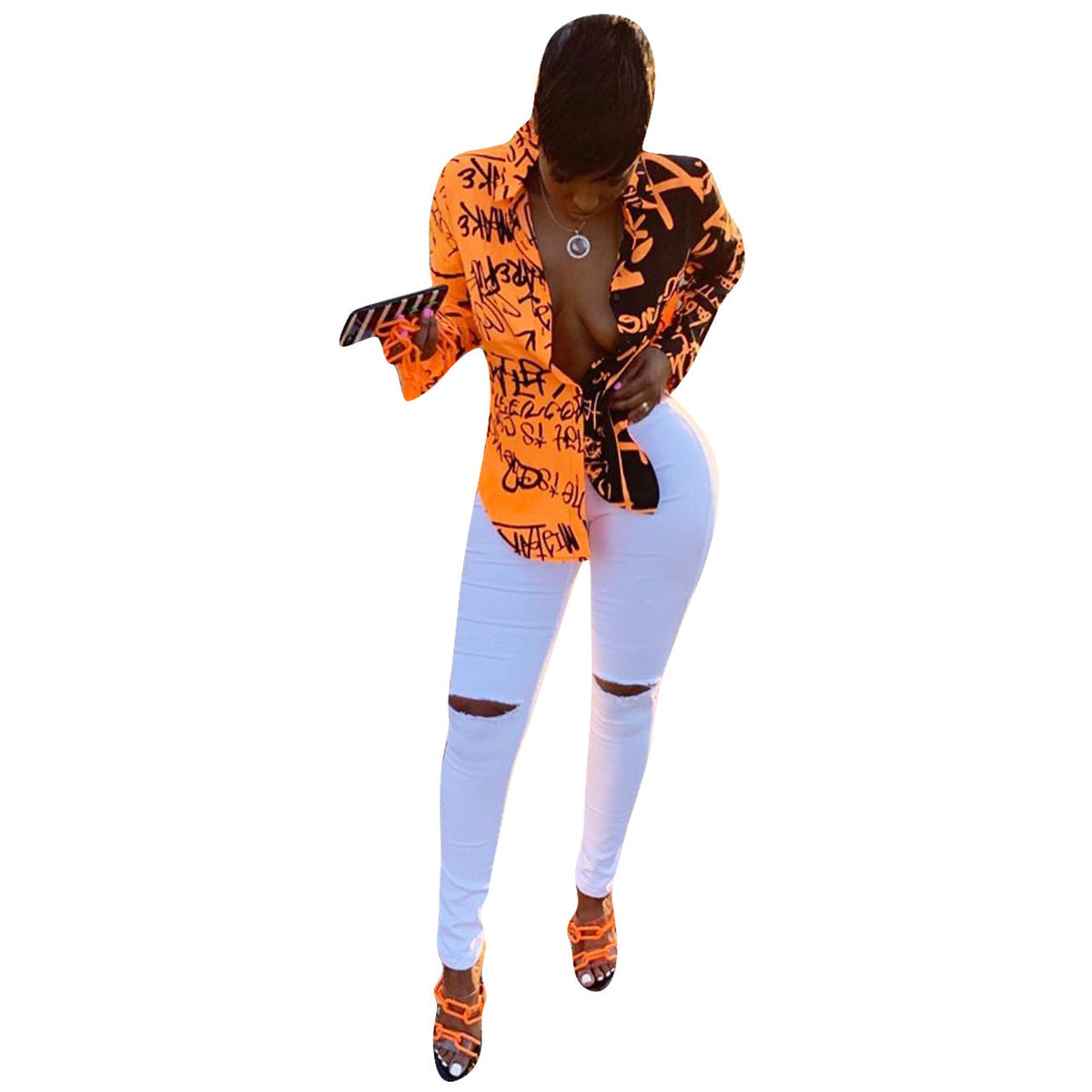 Women Clothing Graffiti Printing Long Sleeve Shirt