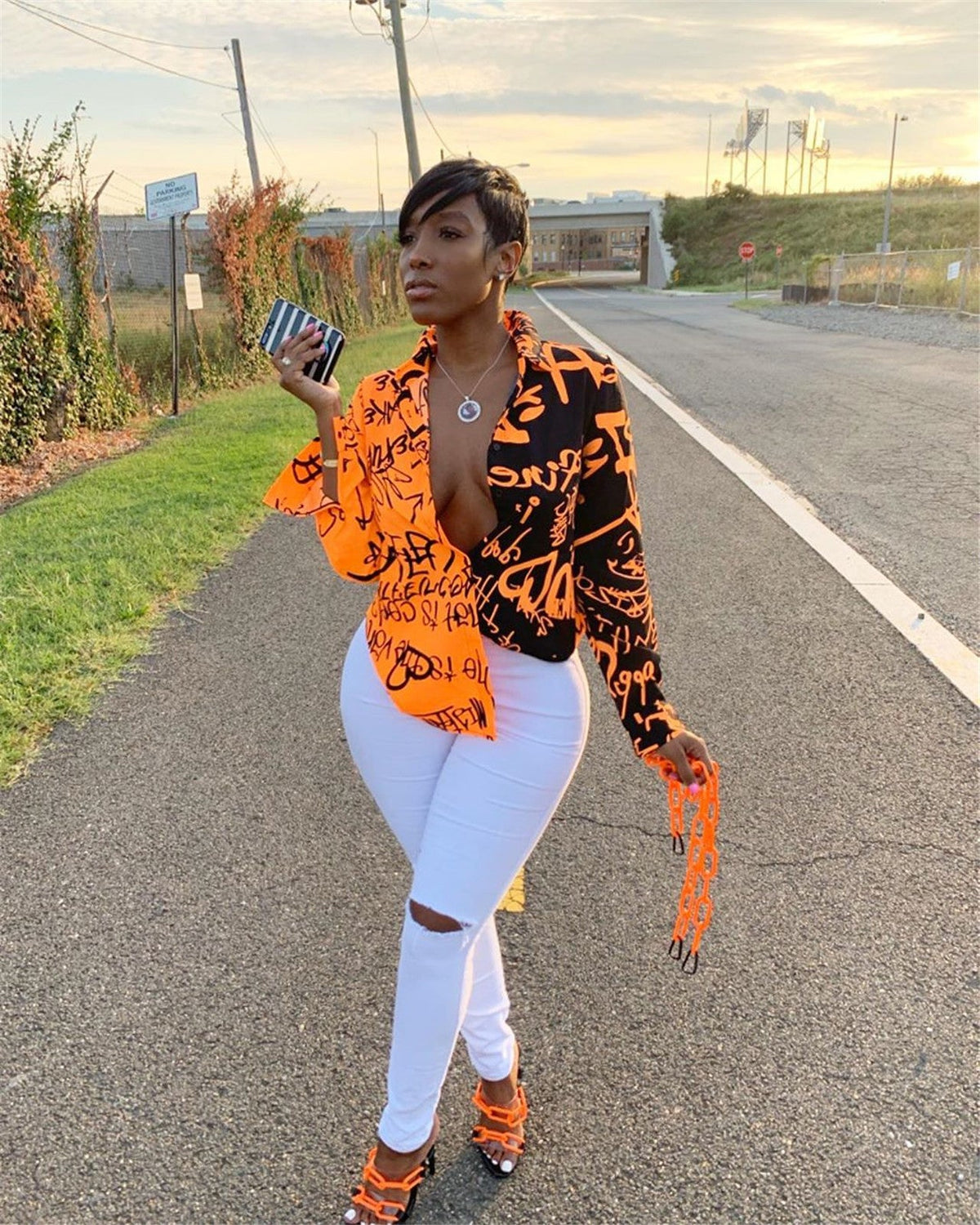 Women Clothing Graffiti Printing Long Sleeve Shirt