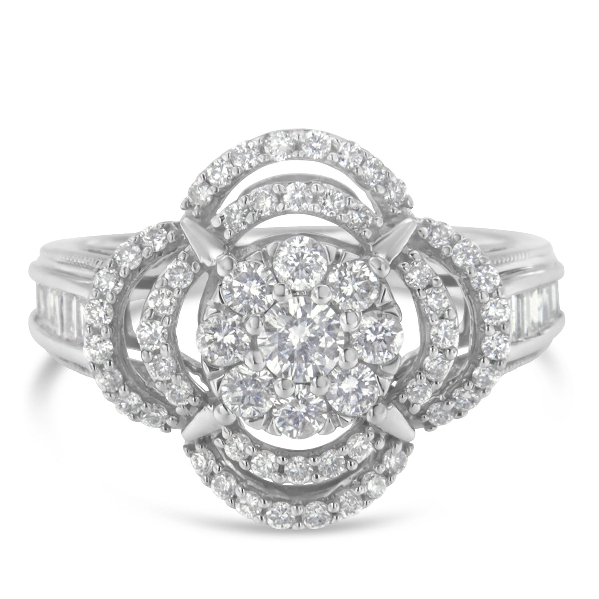 14K White Gold 1.0 Cttw Round & Baguette Cut Diamond Floral Cluster Quatrefoil Channel Set Band Cocktail Statement Ring (H-I Color, SI2-I1 Clarity) - Size 6-3/4