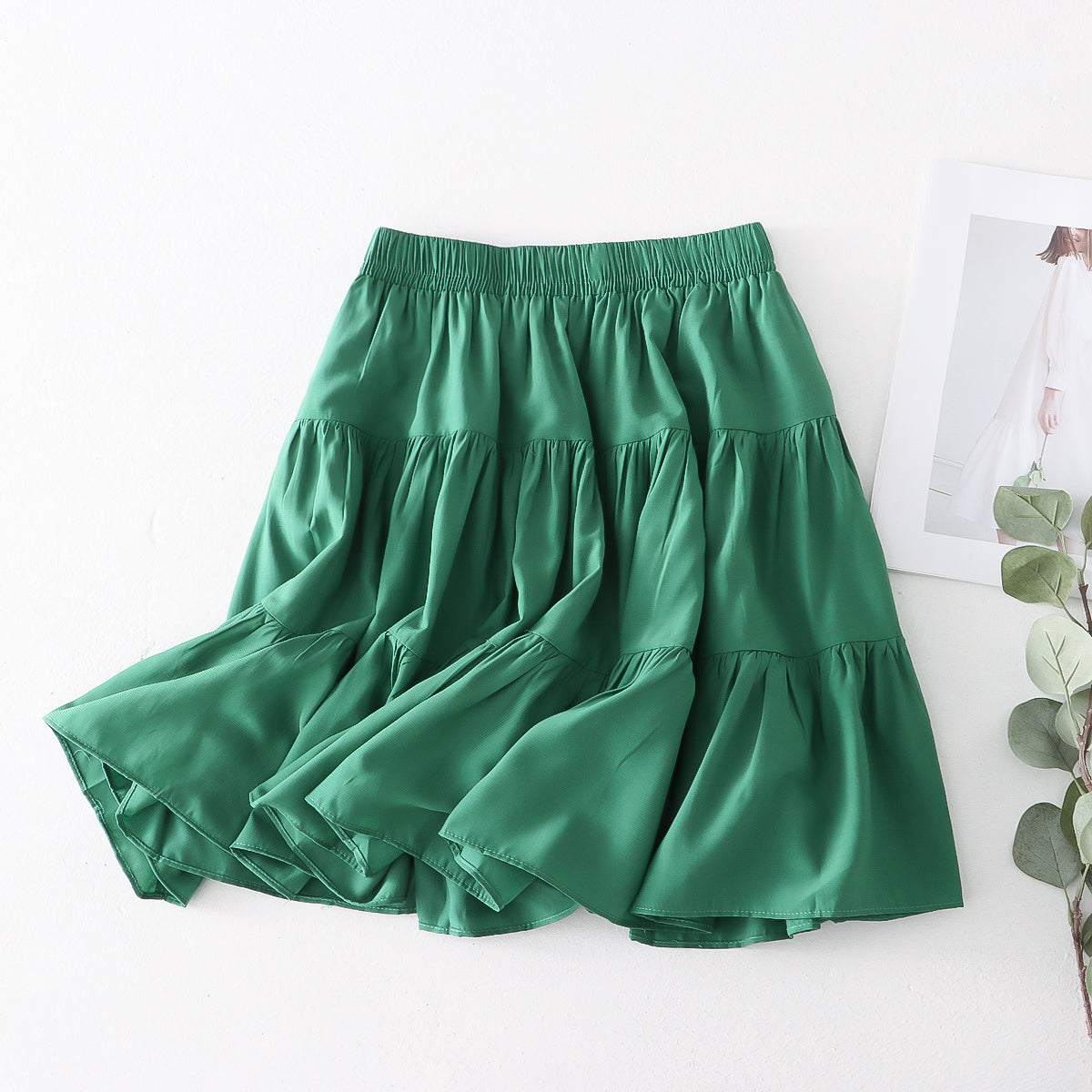 Summer Short Pleated Stitching Casual A line Skirt High Waist Elastic Waist Casual Skirt