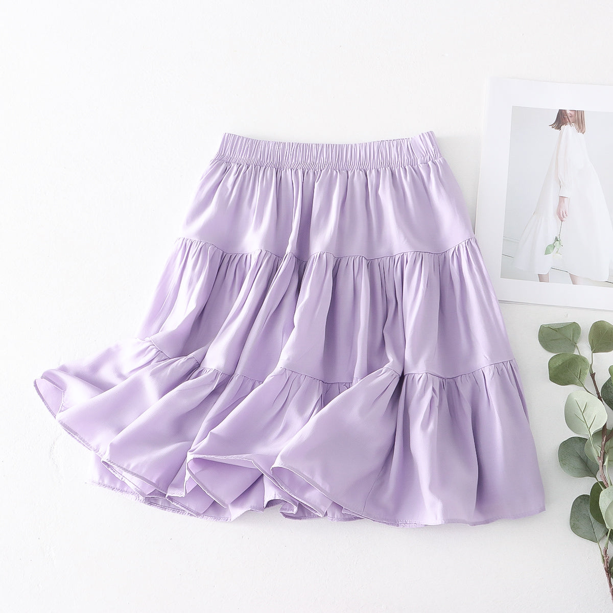 Summer Short Pleated Stitching Casual A line Skirt High Waist Elastic Waist Casual Skirt