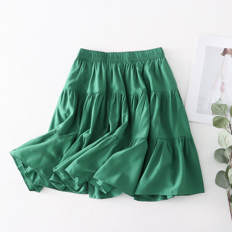 Summer Short Pleated Stitching Casual A line Skirt High Waist Elastic Waist Casual Skirt