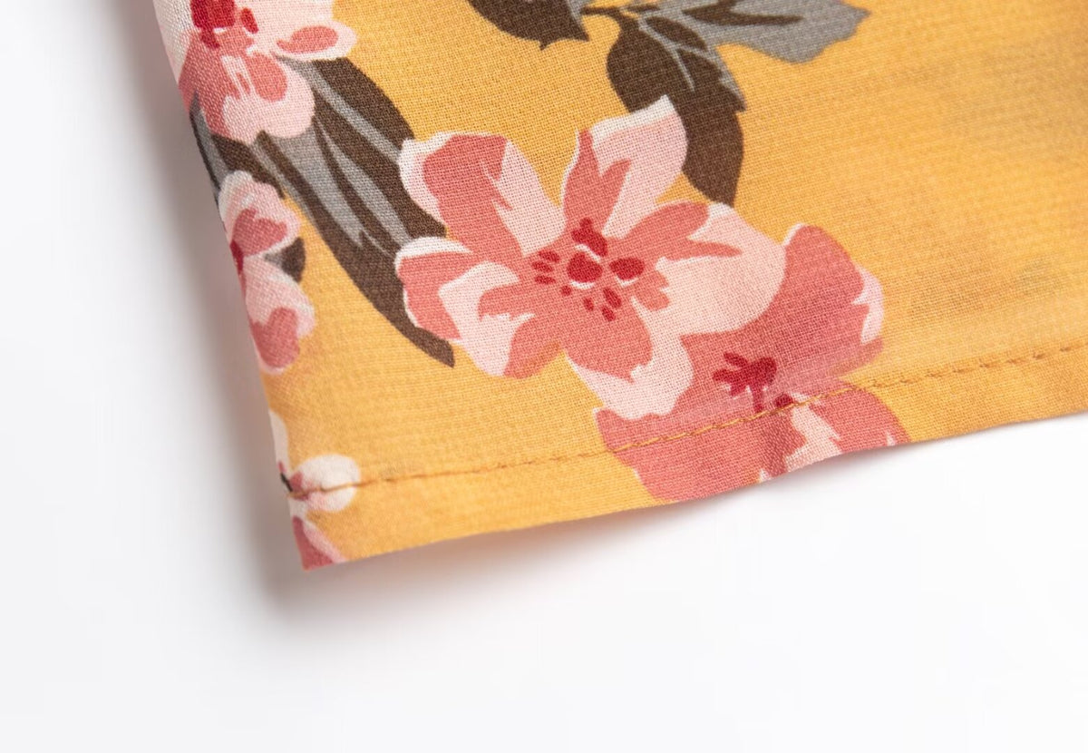 Women Clothing Retro Yellow Background with Printing Bottom Slit Strap Dress