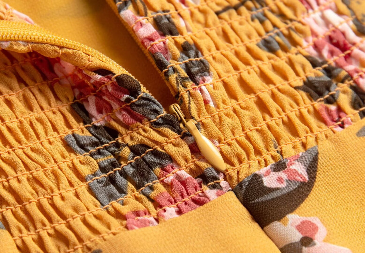 Women Clothing Retro Yellow Background with Printing Bottom Slit Strap Dress
