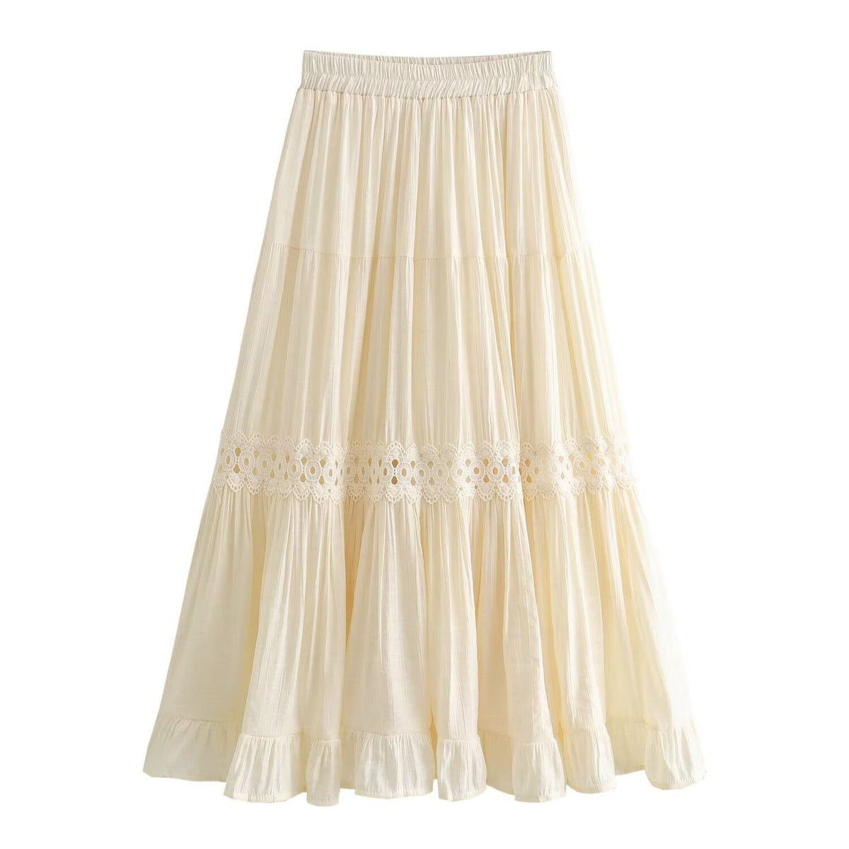 Spring Women All Match Solid Color Elastic Waist Lace Multi Layer Cake A line Skirt
