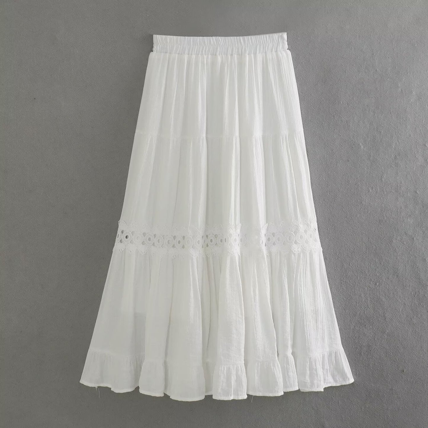 Spring Women All Match Solid Color Elastic Waist Lace Multi Layer Cake A line Skirt