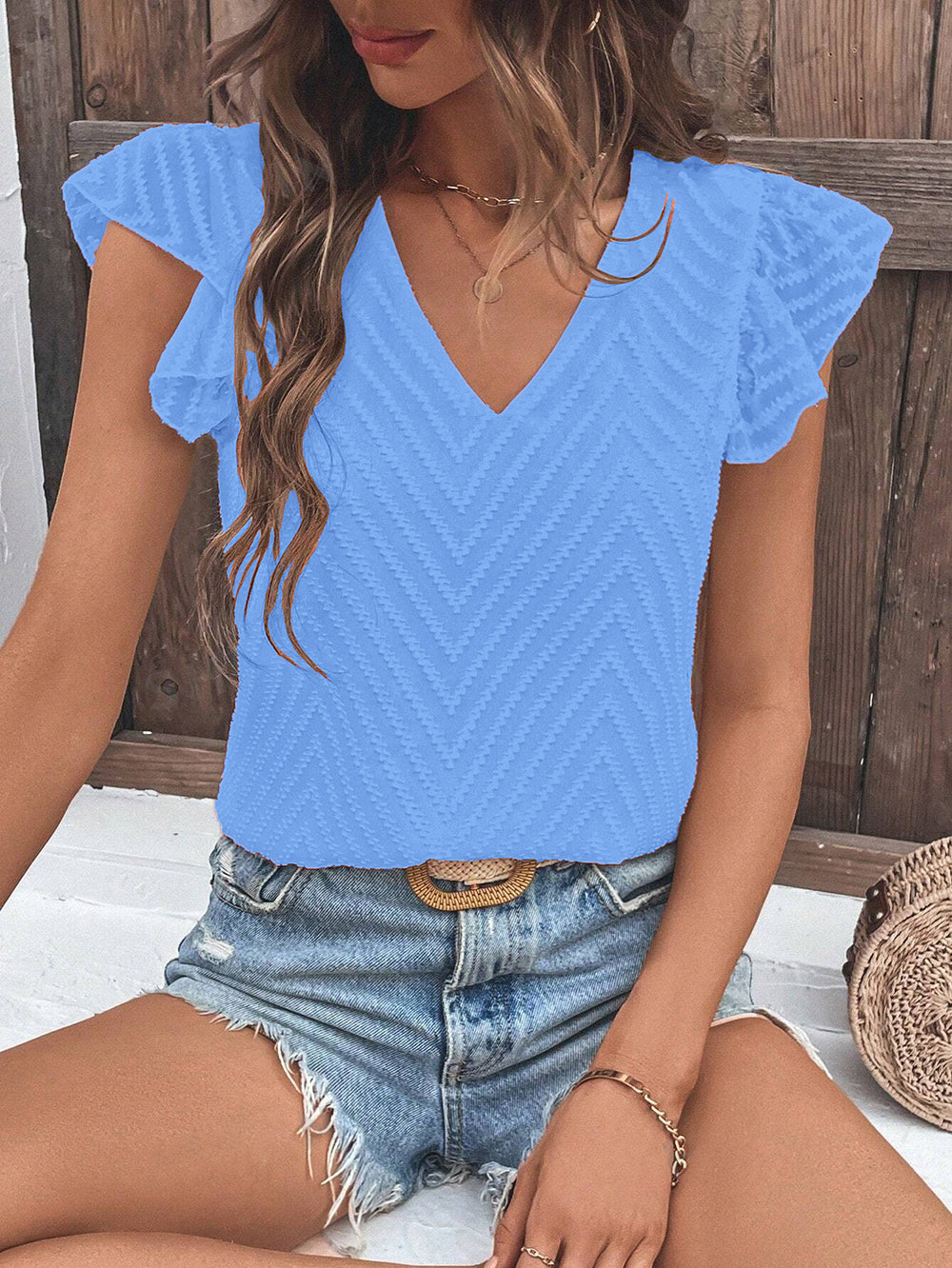 Women Clothing Summer V neck Solid Color Jacquard Chiffon Lotus Leaf Short Sleeve Top for Women
