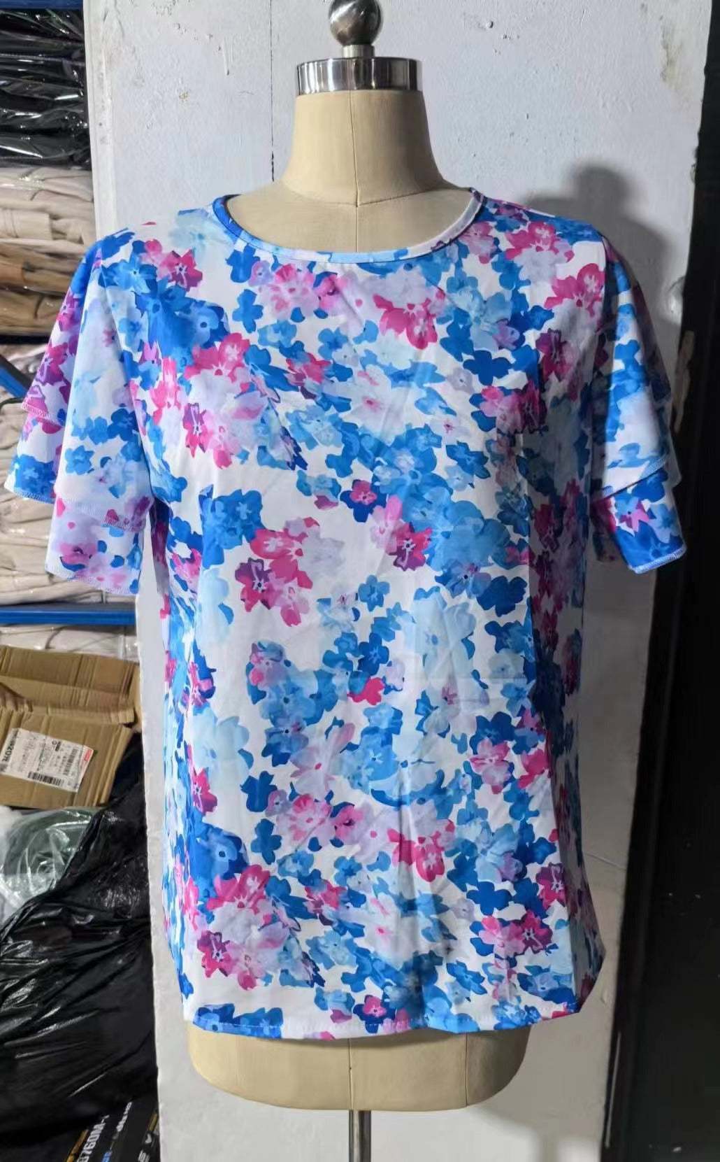 Summer Printed Lotus Sleeve Round Neck Simple Short Sleeve Top
