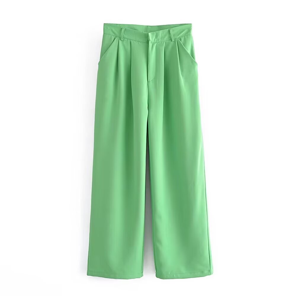 Women Summer Green High Waist Stand Pleated Wide Leg Pants Work Pant