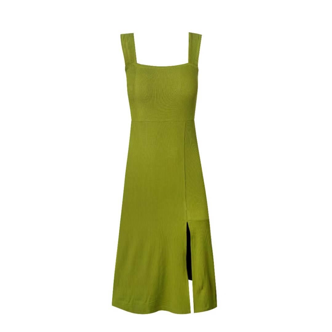 Spring Summer Square Collar Suspender Dress Women Side Slit Sexy Stretch Slim Fit Underwear Mid Length Dress