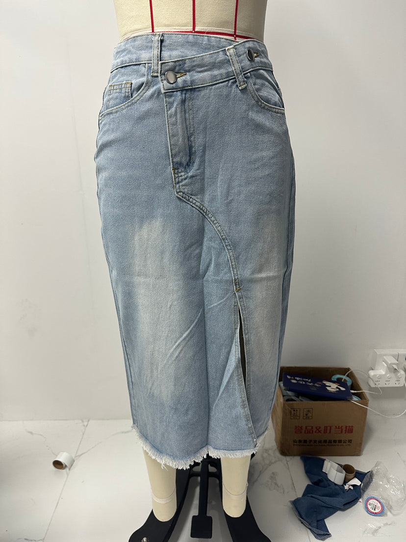 Mid Length Frayed Front Slit High Waist Denim Skirt for Women A line Skirt