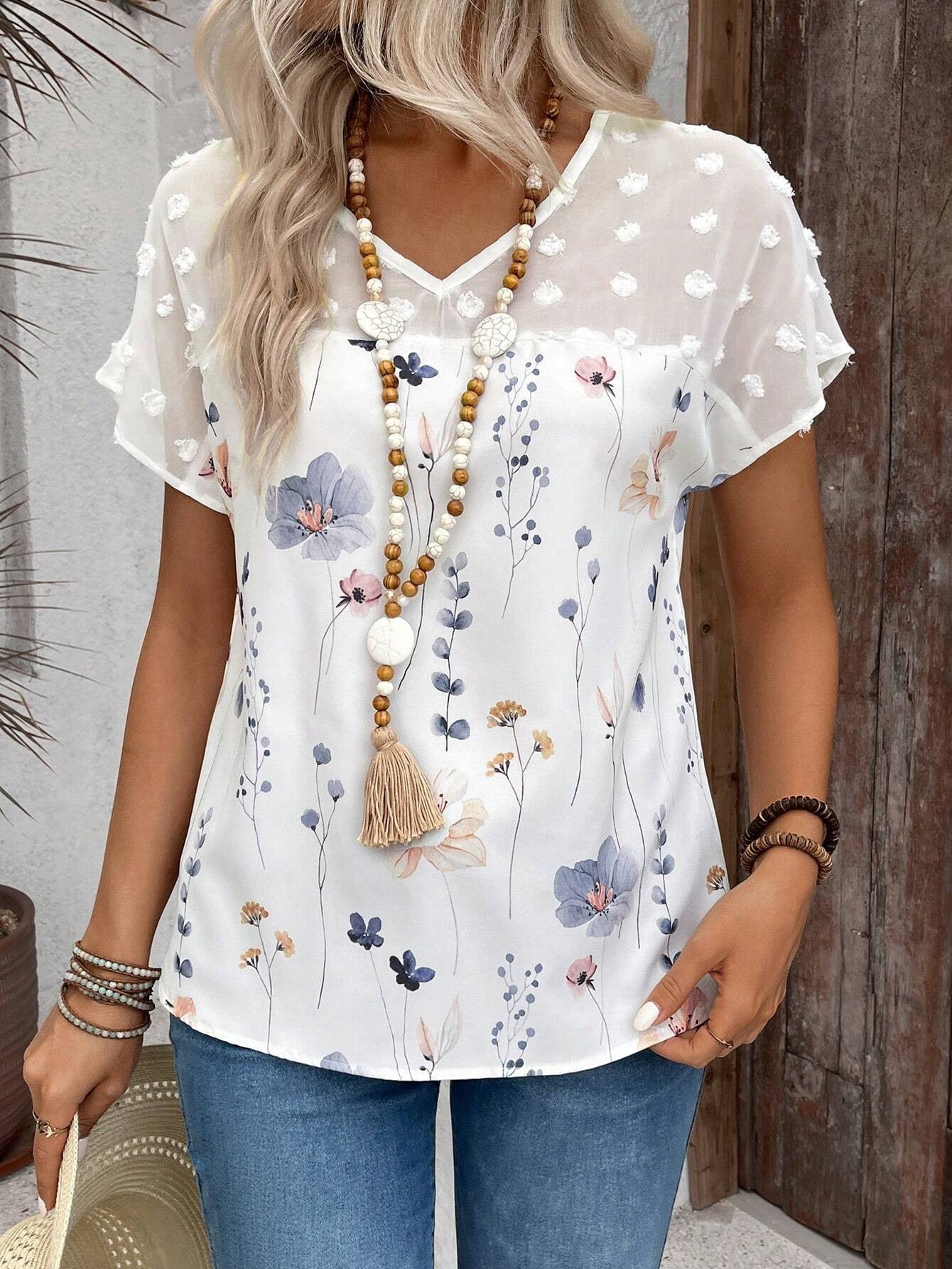 Summer Women Trend V Neck Printed Lace Stitching Short Sleeved Top T Shirt