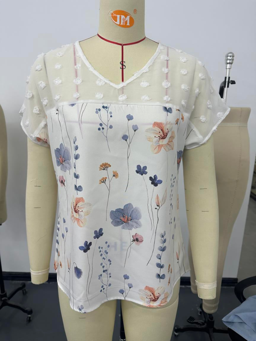 Summer Women Trend V Neck Printed Lace Stitching Short Sleeved Top T Shirt