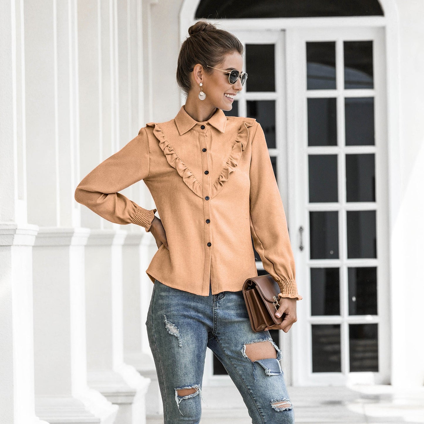 Women Spring Summer Autumn Outer Model Casual Top Wooden Ear Lantern Sleeve Corduroy Shirt