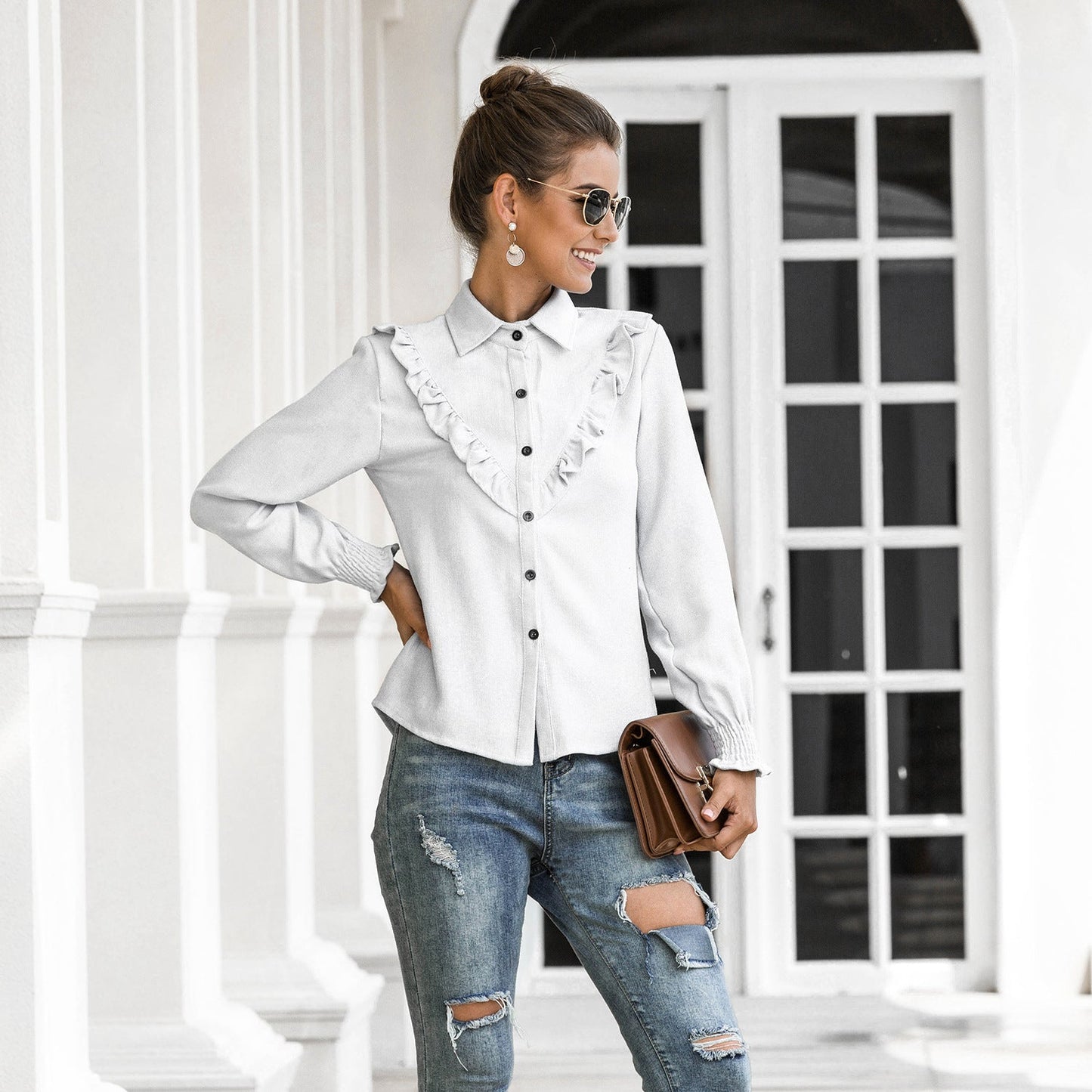 Women Spring Summer Autumn Outer Model Casual Top Wooden Ear Lantern Sleeve Corduroy Shirt