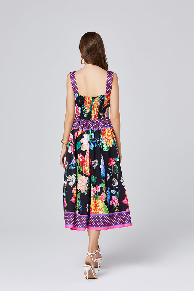 Summer Positioning Vintage Printed Three Dimensional Strapless Strap Dress Back Rubber Strap High Waist Dress