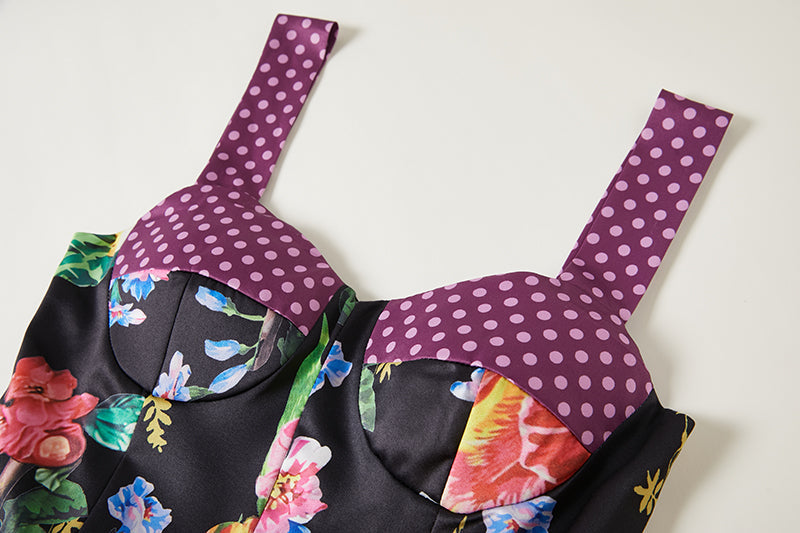 Summer Positioning Vintage Printed Three Dimensional Strapless Strap Dress Back Rubber Strap High Waist Dress