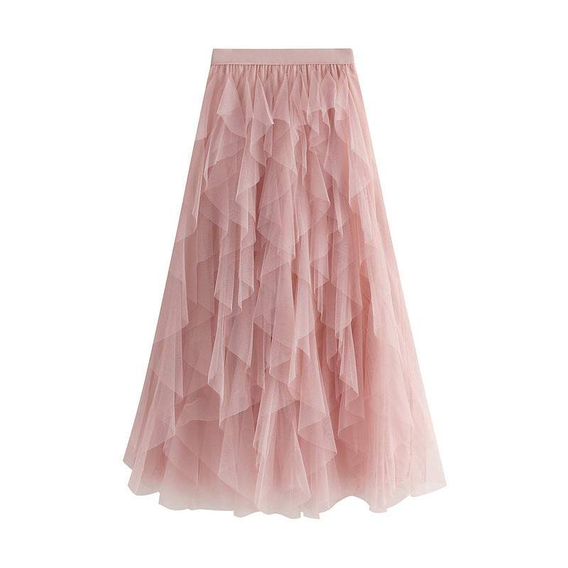 Autumn Winter Korean Elastic Waistband Fashionable All Matching Slimming Mesh Stitching Irregular Asymmetric Mid Length High Waist Skirt
