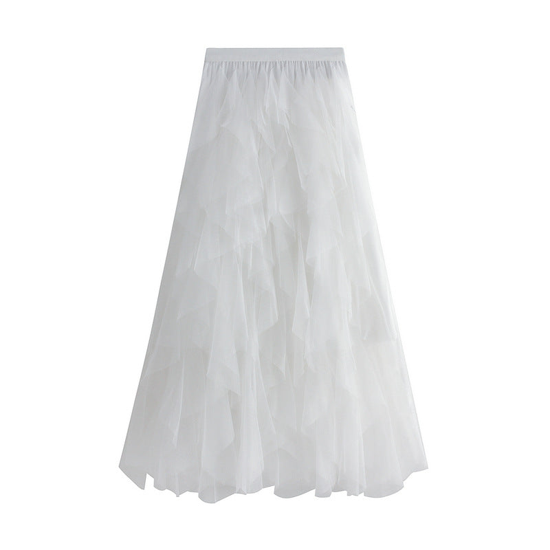 Autumn Winter Korean Elastic Waistband Fashionable All Matching Slimming Mesh Stitching Irregular Asymmetric Mid Length High Waist Skirt
