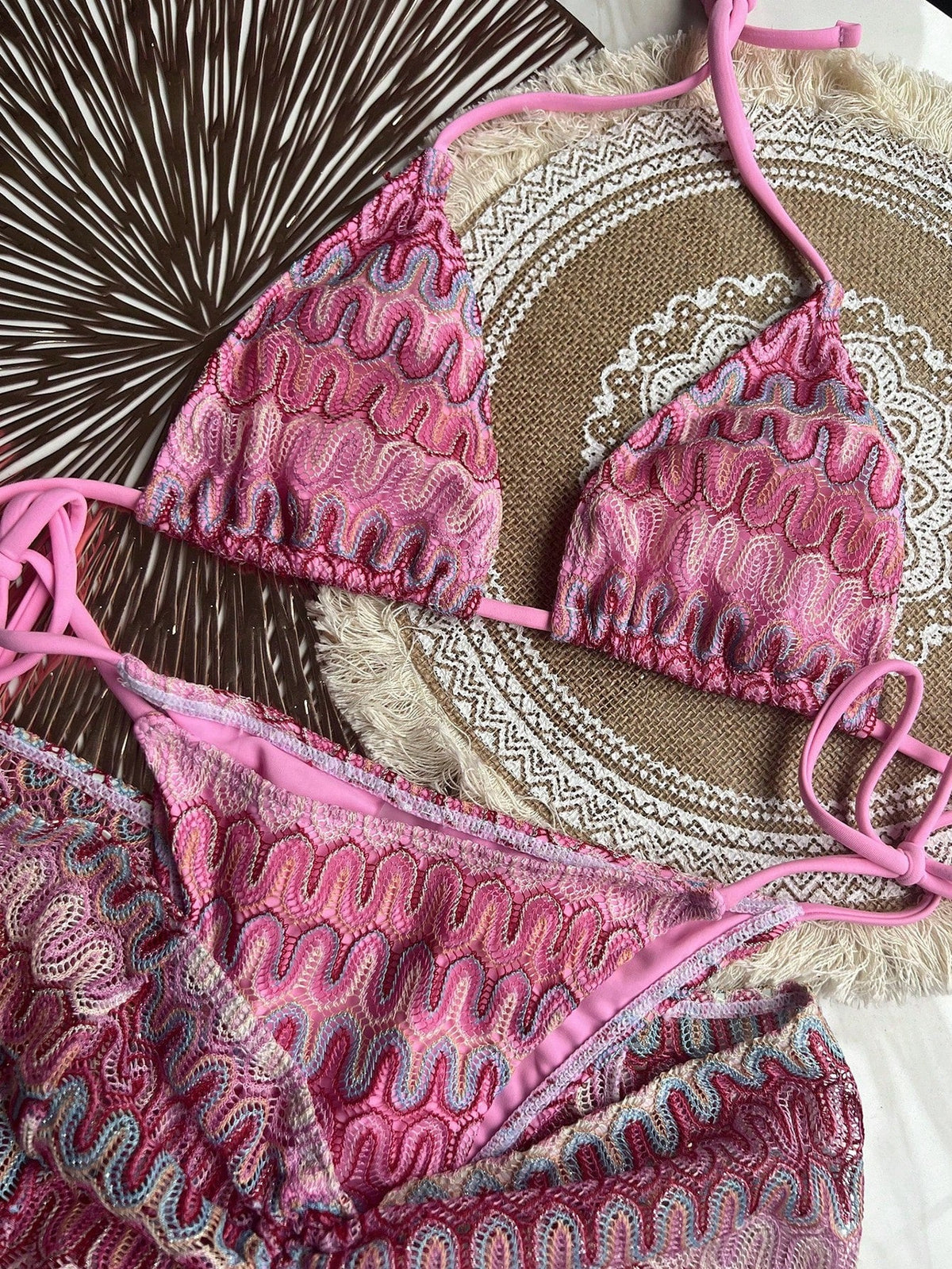 Bikinx Women Summer Beach Wave Pattern Halter Strap Sexy Bikini Set With Cover Up Skirt
