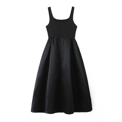 Women Solid Color Frill Strap Slim Fit Patchwork Casual Sling Dress