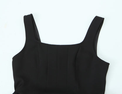 Women Solid Color Frill Strap Slim Fit Patchwork Casual Sling Dress